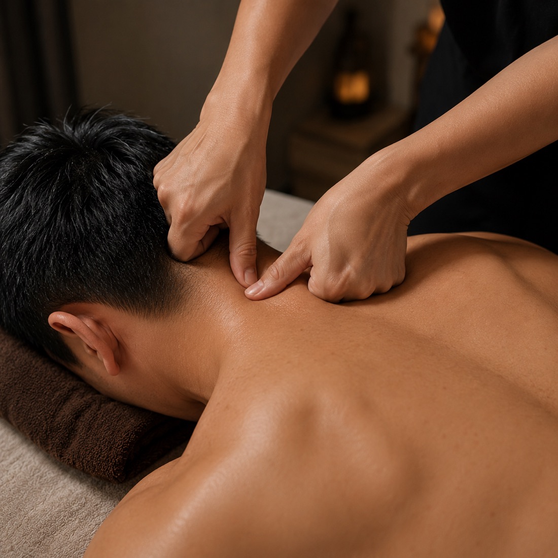 Therapist applying acupressure to the shoulders during a Thai massage